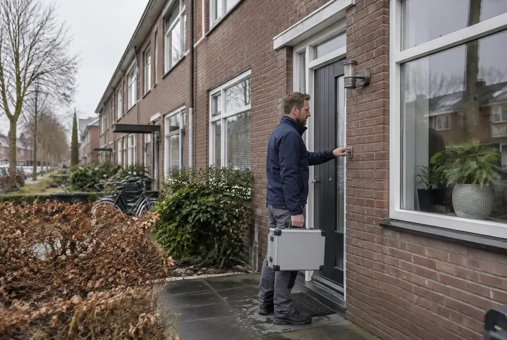 Lekdetectiespecialist met meetkoffer bij de voordeur van een woning in Maarssen